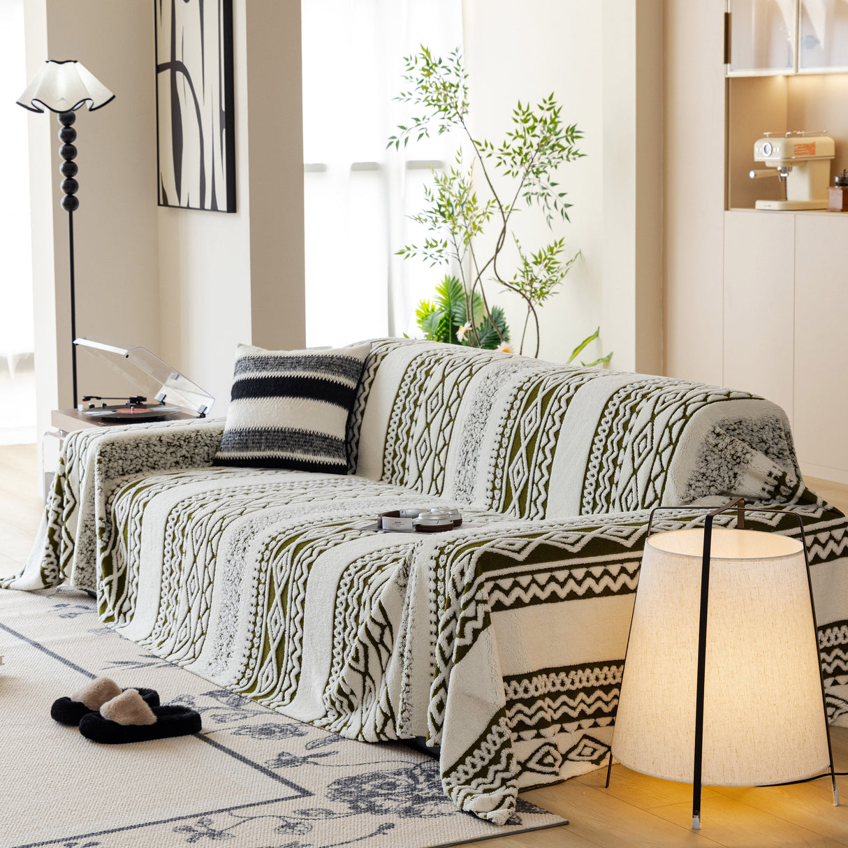 Bohemian Tufted Sofa Cover, Plush Flannel Throw Blanket with 3D Woven Aztec Stripes