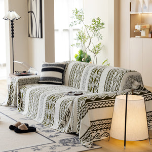 Bohemian Tufted Sofa Cover, Plush Flannel Throw Blanket with 3D Woven Aztec Stripes