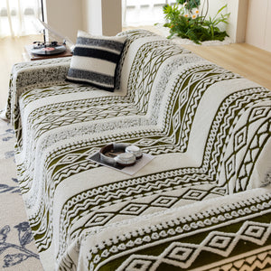Bohemian Tufted Sofa Cover, Plush Flannel Throw Blanket with 3D Woven Aztec Stripes