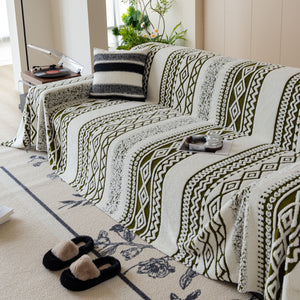 Bohemian Tufted Sofa Cover, Plush Flannel Throw Blanket with 3D Woven Aztec Stripes