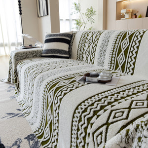 Bohemian Tufted Sofa Cover, Plush Flannel Throw Blanket with 3D Woven Aztec Stripes