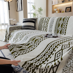 Bohemian Tufted Sofa Cover, Plush Flannel Throw Blanket with 3D Woven Aztec Stripes