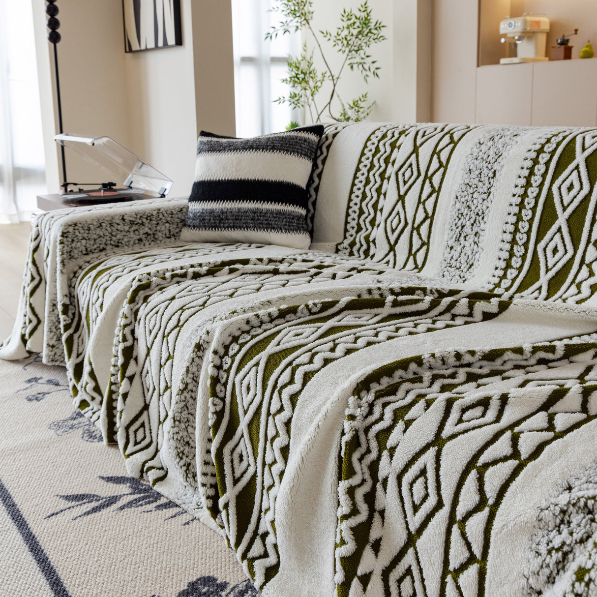 Bohemian Tufted Sofa Cover, Plush Flannel Throw Blanket with 3D Woven Aztec Stripes