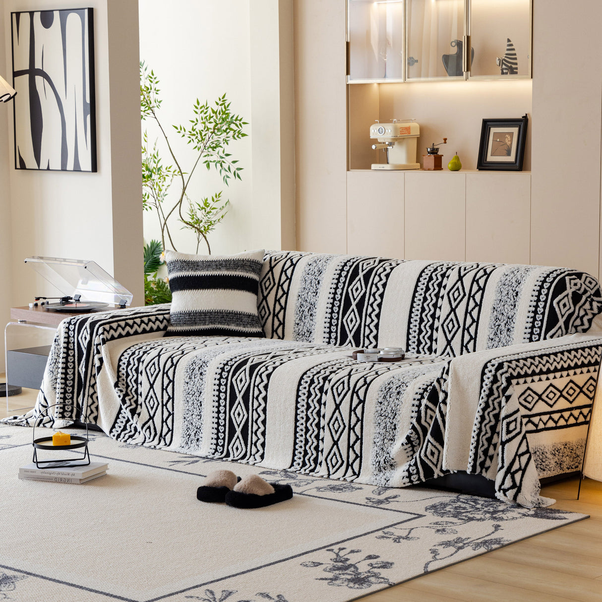 Bohemian Tufted Sofa Cover, Plush Flannel Throw Blanket with 3D Woven Aztec Stripes