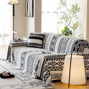 Bohemian Tufted Sofa Cover, Plush Flannel Throw Blanket with 3D Woven Aztec Stripes