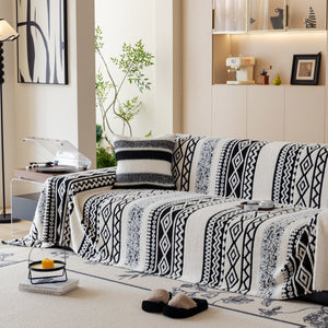Bohemian Tufted Sofa Cover, Plush Flannel Throw Blanket with 3D Woven Aztec Stripes