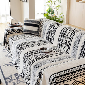 Bohemian Tufted Sofa Cover, Plush Flannel Throw Blanket with 3D Woven Aztec Stripes