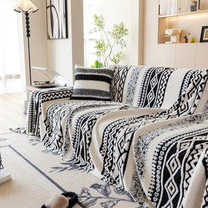 Bohemian Tufted Sofa Cover, Plush Flannel Throw Blanket with 3D Woven Aztec Stripes
