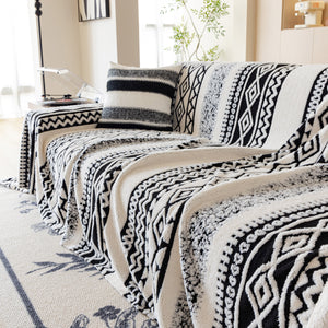 Bohemian Tufted Sofa Cover, Plush Flannel Throw Blanket with 3D Woven Aztec Stripes