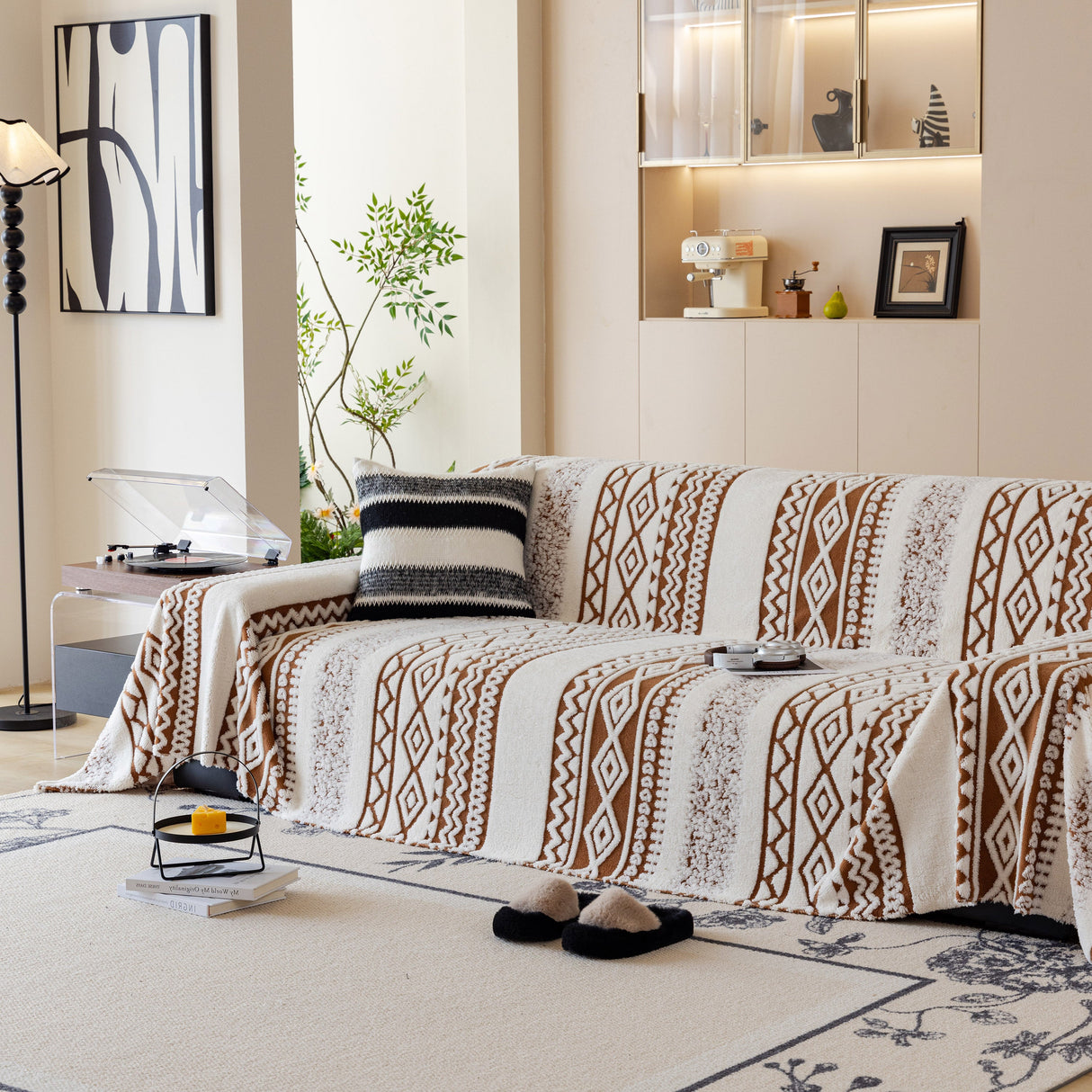 Bohemian Tufted Sofa Cover, Plush Flannel Throw Blanket with 3D Woven Aztec Stripes