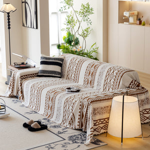 Bohemian Tufted Sofa Cover, Plush Flannel Throw Blanket with 3D Woven Aztec Stripes