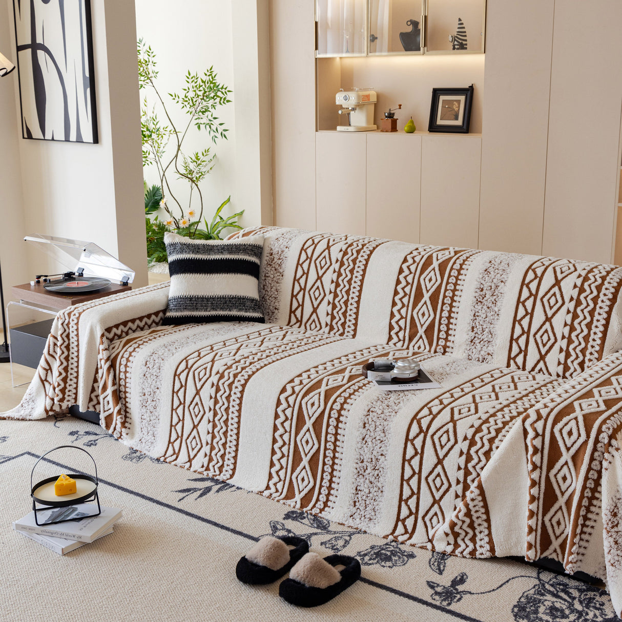 Bohemian Tufted Sofa Cover, Plush Flannel Throw Blanket with 3D Woven Aztec Stripes