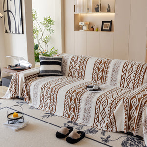 Bohemian Tufted Sofa Cover, Plush Flannel Throw Blanket with 3D Woven Aztec Stripes