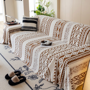 Bohemian Tufted Sofa Cover, Plush Flannel Throw Blanket with 3D Woven Aztec Stripes