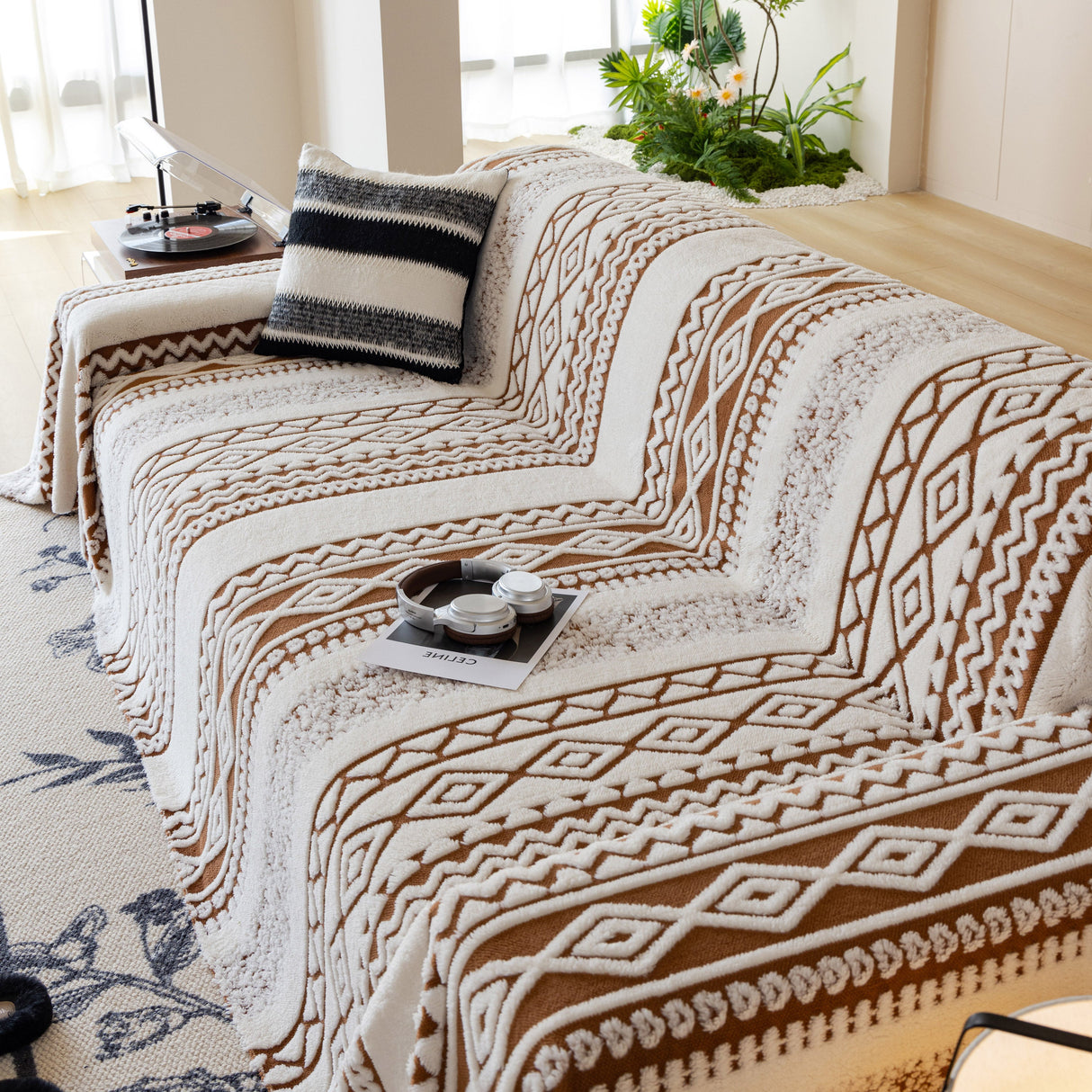 Bohemian Tufted Sofa Cover, Plush Flannel Throw Blanket with 3D Woven Aztec Stripes