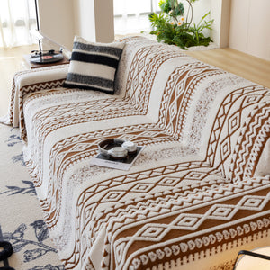 Bohemian Tufted Sofa Cover, Plush Flannel Throw Blanket with 3D Woven Aztec Stripes