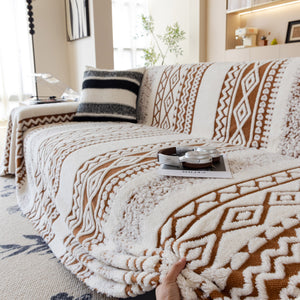 Bohemian Tufted Sofa Cover, Plush Flannel Throw Blanket with 3D Woven Aztec Stripes