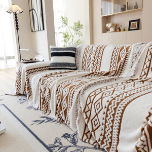 Bohemian Tufted Sofa Cover, Plush Flannel Throw Blanket with 3D Woven Aztec Stripes