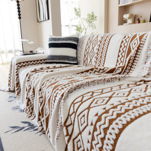 Bohemian Tufted Sofa Cover, Plush Flannel Throw Blanket with 3D Woven Aztec Stripes