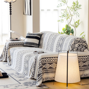 Bohemian Tufted Sofa Cover, Plush Flannel Throw Blanket with 3D Woven Aztec Stripes