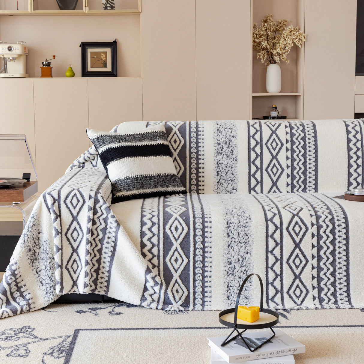 Bohemian Tufted Sofa Cover, Plush Flannel Throw Blanket with 3D Woven Aztec Stripes