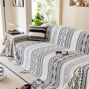 Bohemian Tufted Sofa Cover, Plush Flannel Throw Blanket with 3D Woven Aztec Stripes