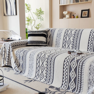 Bohemian Tufted Sofa Cover, Plush Flannel Throw Blanket with 3D Woven Aztec Stripes