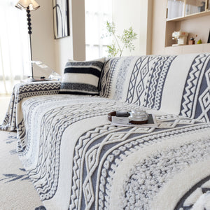 Bohemian Tufted Sofa Cover, Plush Flannel Throw Blanket with 3D Woven Aztec Stripes
