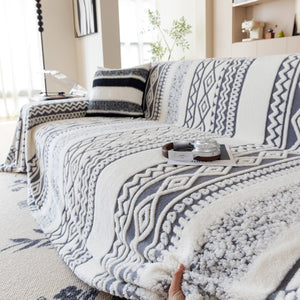 Bohemian Tufted Sofa Cover, Plush Flannel Throw Blanket with 3D Woven Aztec Stripes