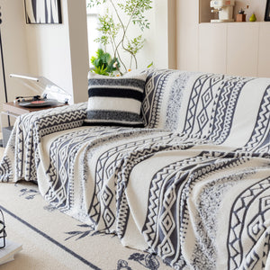 Bohemian Tufted Sofa Cover, Plush Flannel Throw Blanket with 3D Woven Aztec Stripes