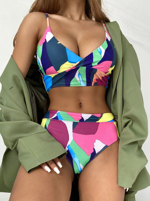 Geometric Colorful Bikini Sets Solid Color Ruffled Swimwear Bathing Suits 2 Piece Split Push Up Bandage Beachwear Women's Bikini Scoop Neck Straps Cutout Crop Top Lace Up Bottom Comfortable Beach Summer Swimsuit