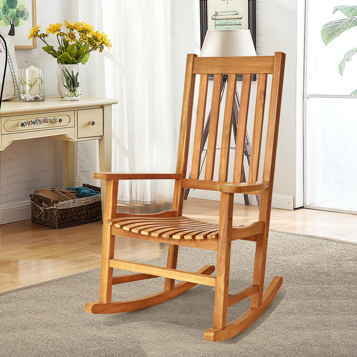 Indoor Outdoor Wooden High Back Rocking Chair-Black