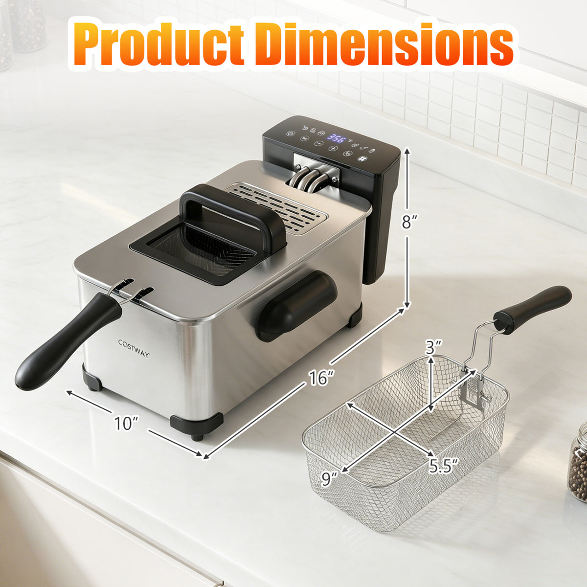 3.2-Qt Electric Deep Fryer with 1700W LED Touch Screen and Enamel Oil Tank-Silver