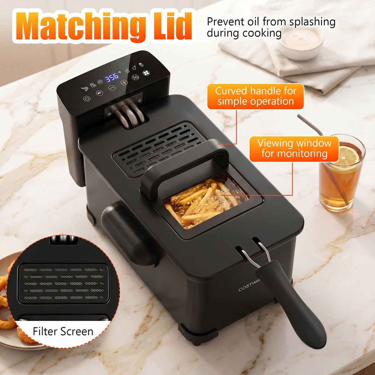3.2-Qt Electric Deep Fryer with 1700W LED Touch Screen and Enamel Oil Tank-Black