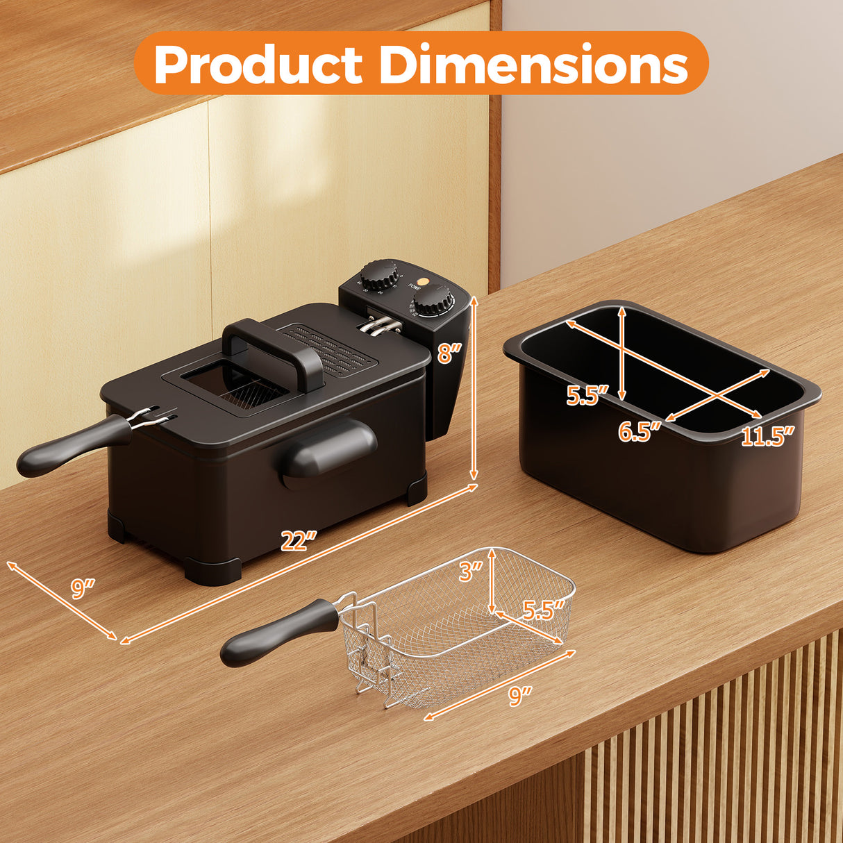 3.2 Quart Electric Stainless Steel Deep Fryer with Timer-Black