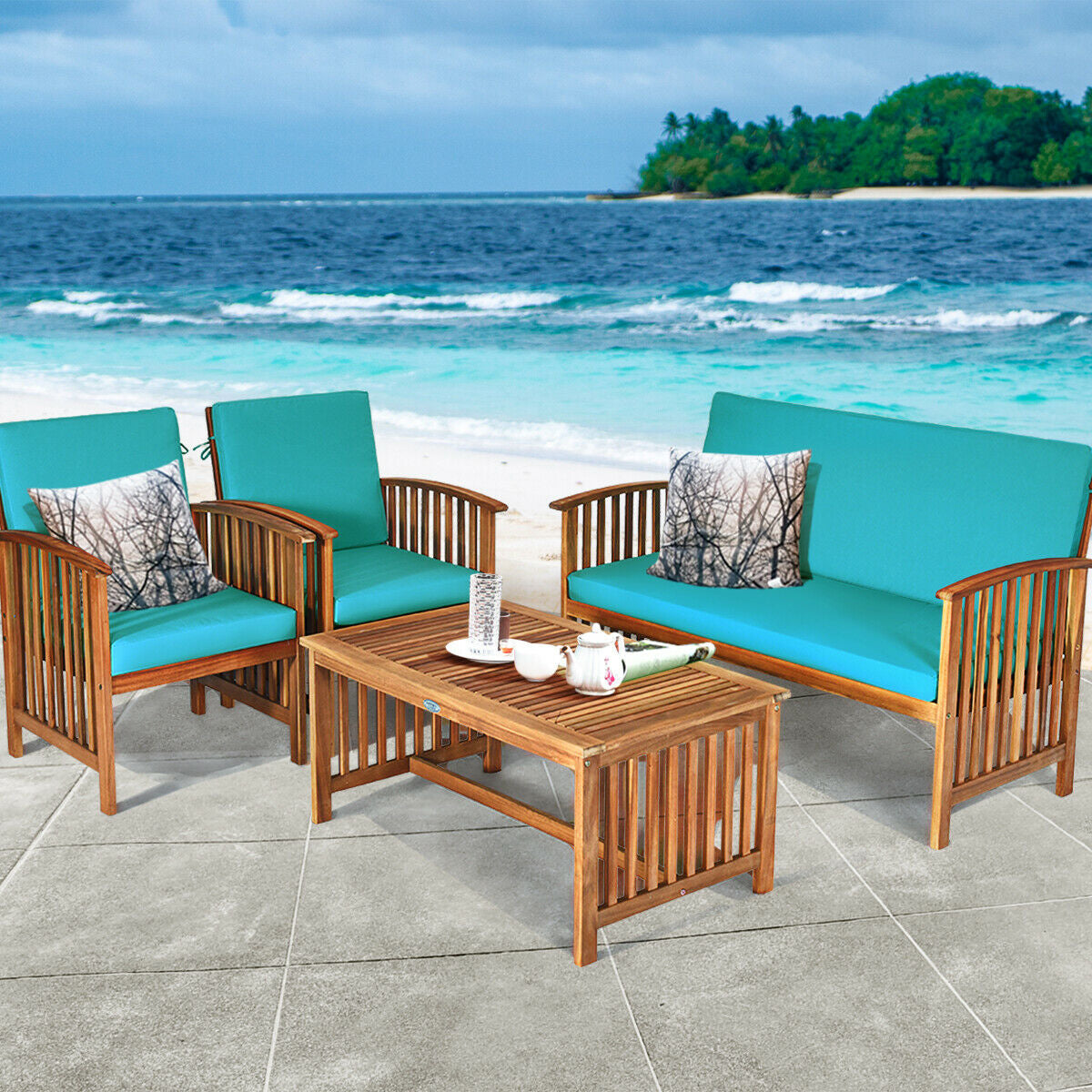 4 Pieces Patio Solid Wood Furniture Set-Beige