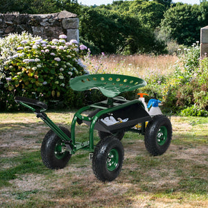 Heavy Duty Garden Cart with Tool Tray and 360 Swivel Seat-Green