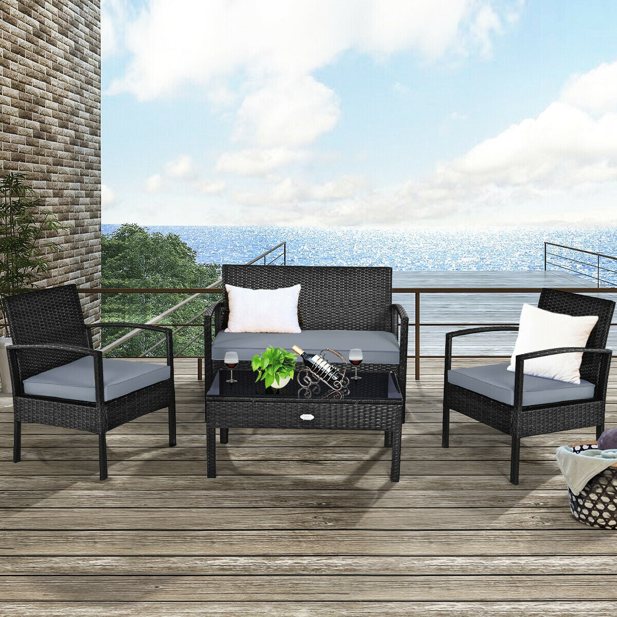 4 Pieces Patio Rattan Cushioned Furniture Set with Loveseat and Table -Brown
