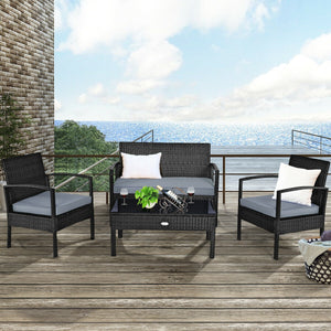 4 Pieces Patio Rattan Cushioned Furniture Set with Loveseat and Table -Brown
