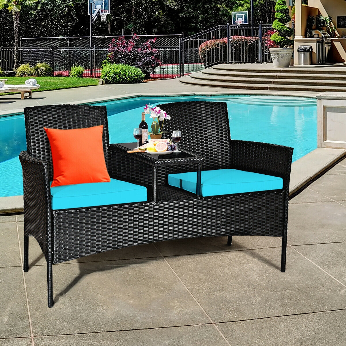 Wicker Patio Conversation Furniture Set with Removable Cushions and Table-White