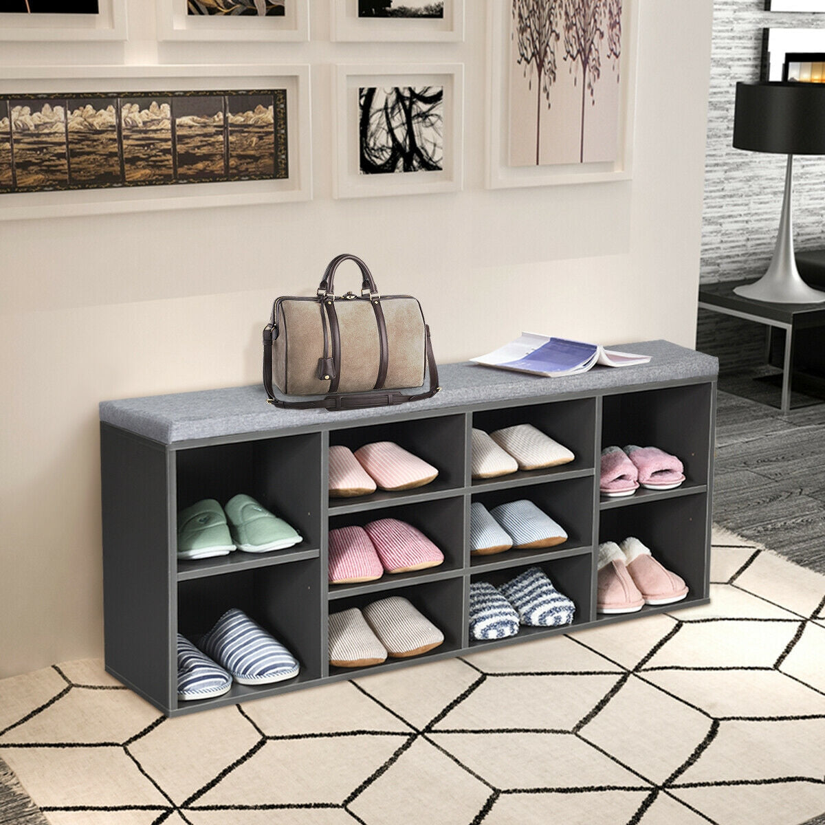 10-Cube Organizer Shoe Storage Bench with Cushion for Entryway-Gray by DirectDeals