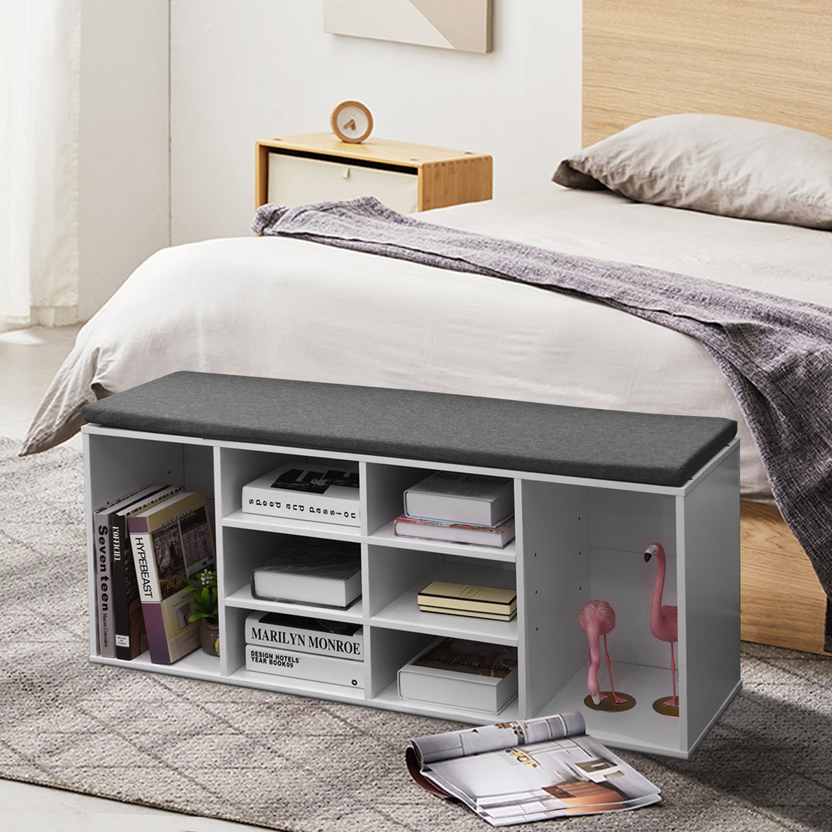 10-Cube Organizer Shoe Storage Bench with Cushion for Entryway-White