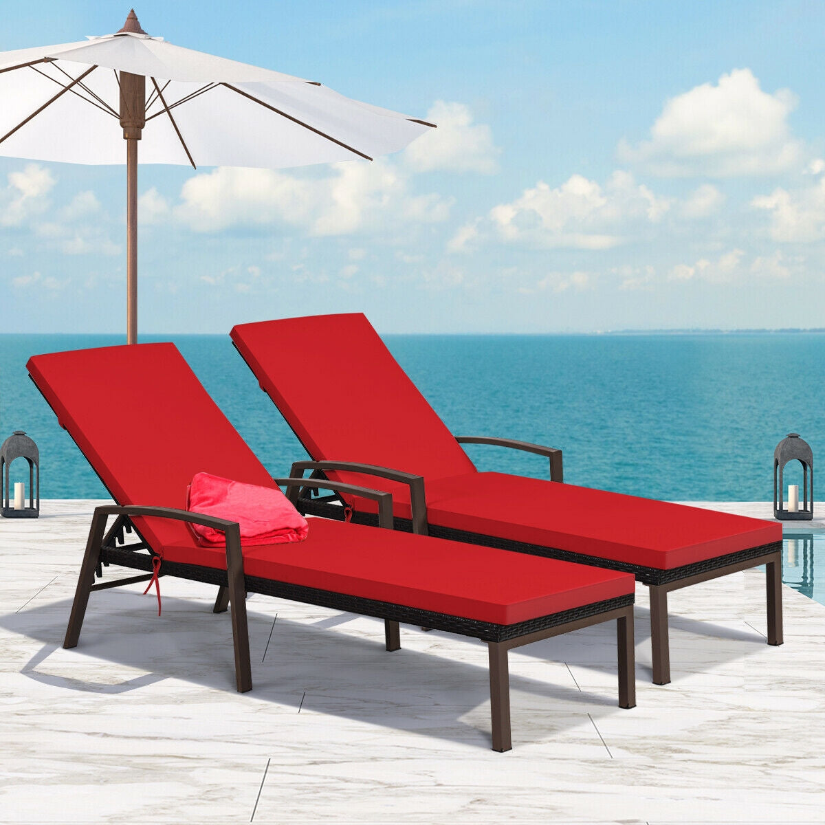 2 Pieces Patio Rattan Adjustable Back Lounge Chair with Armrest and Removable Cushions-Turquoise