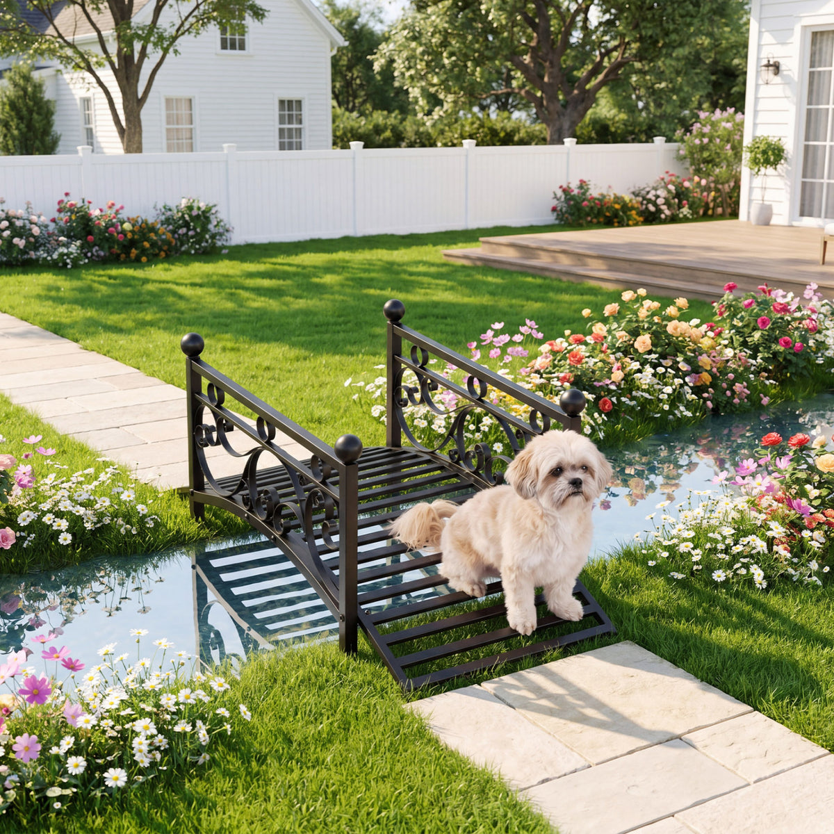 3.3 ft Garden Metal Bridge with Dual Patterned Side Rails