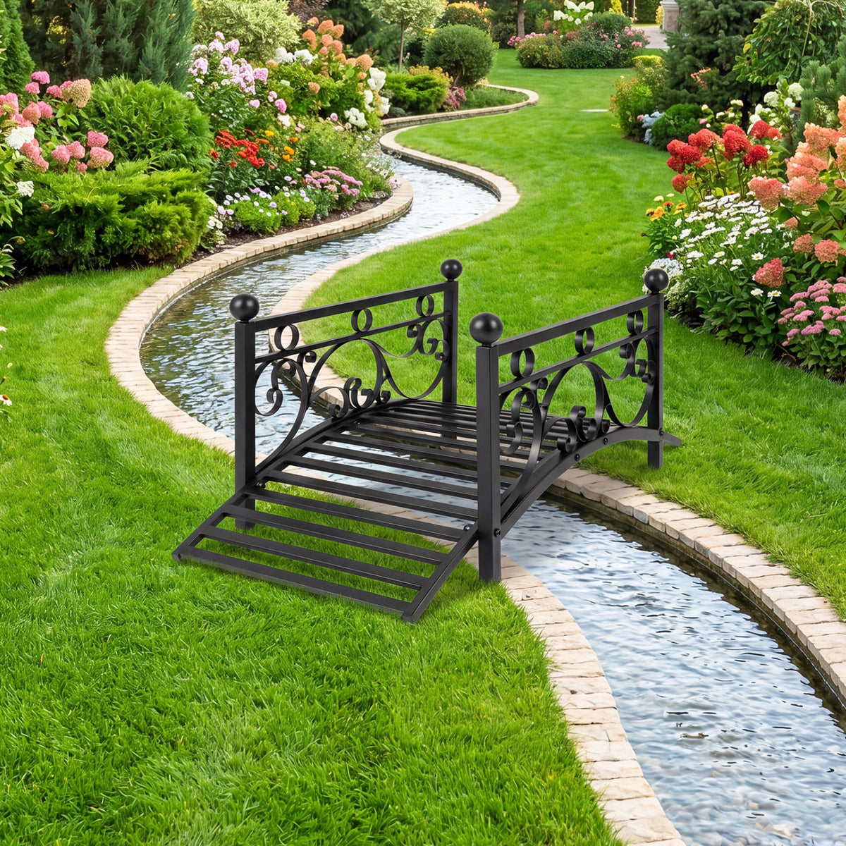 3.3 ft Garden Metal Bridge with Dual Patterned Side Rails