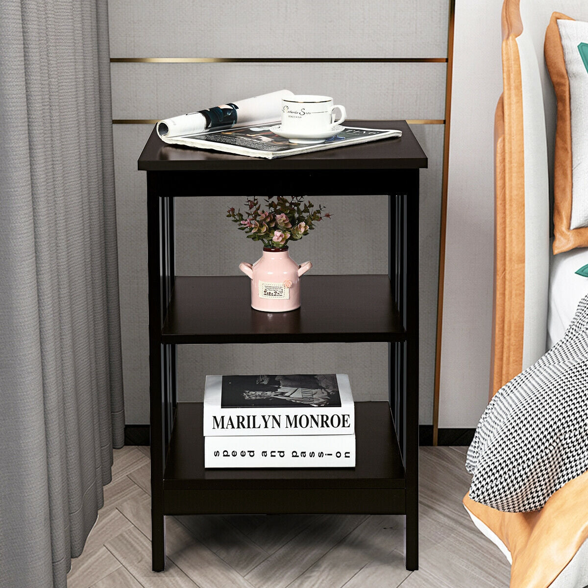 3-Tier Nightstand Sofa Side Table with Baffles and Round Corners-Black