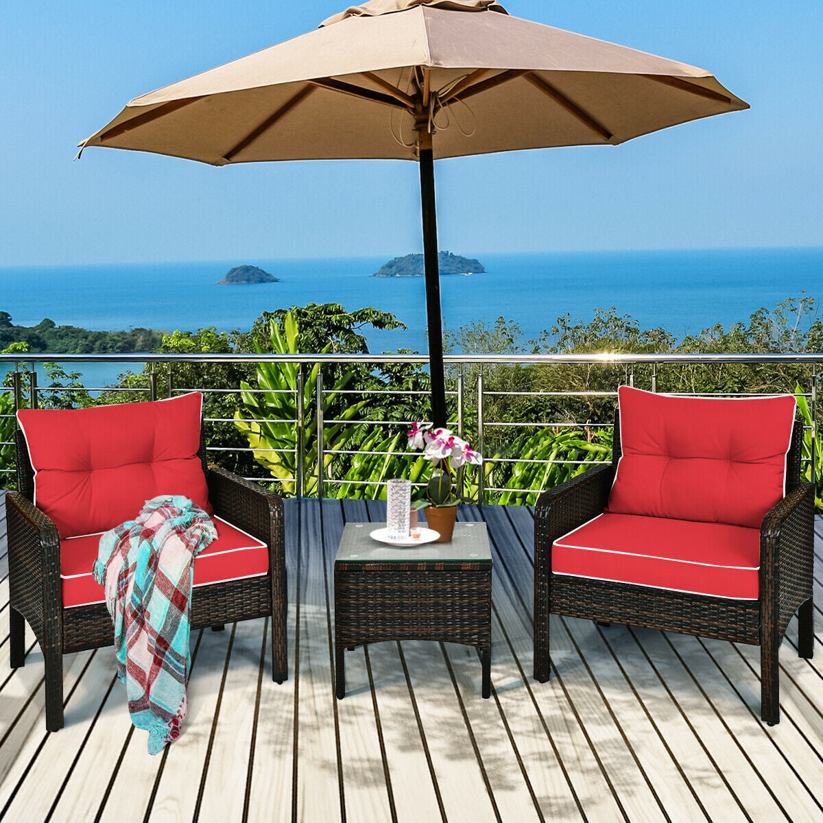 3 Pieces Outdoor Patio Rattan Conversation Set with Seat Cushions-Beige