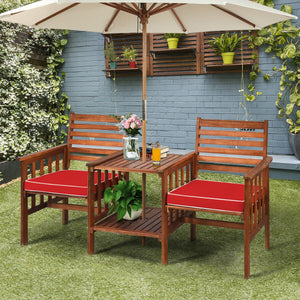 3 pcs Outdoor Patio Table Chairs Set Acacia Wood Loveseat-White