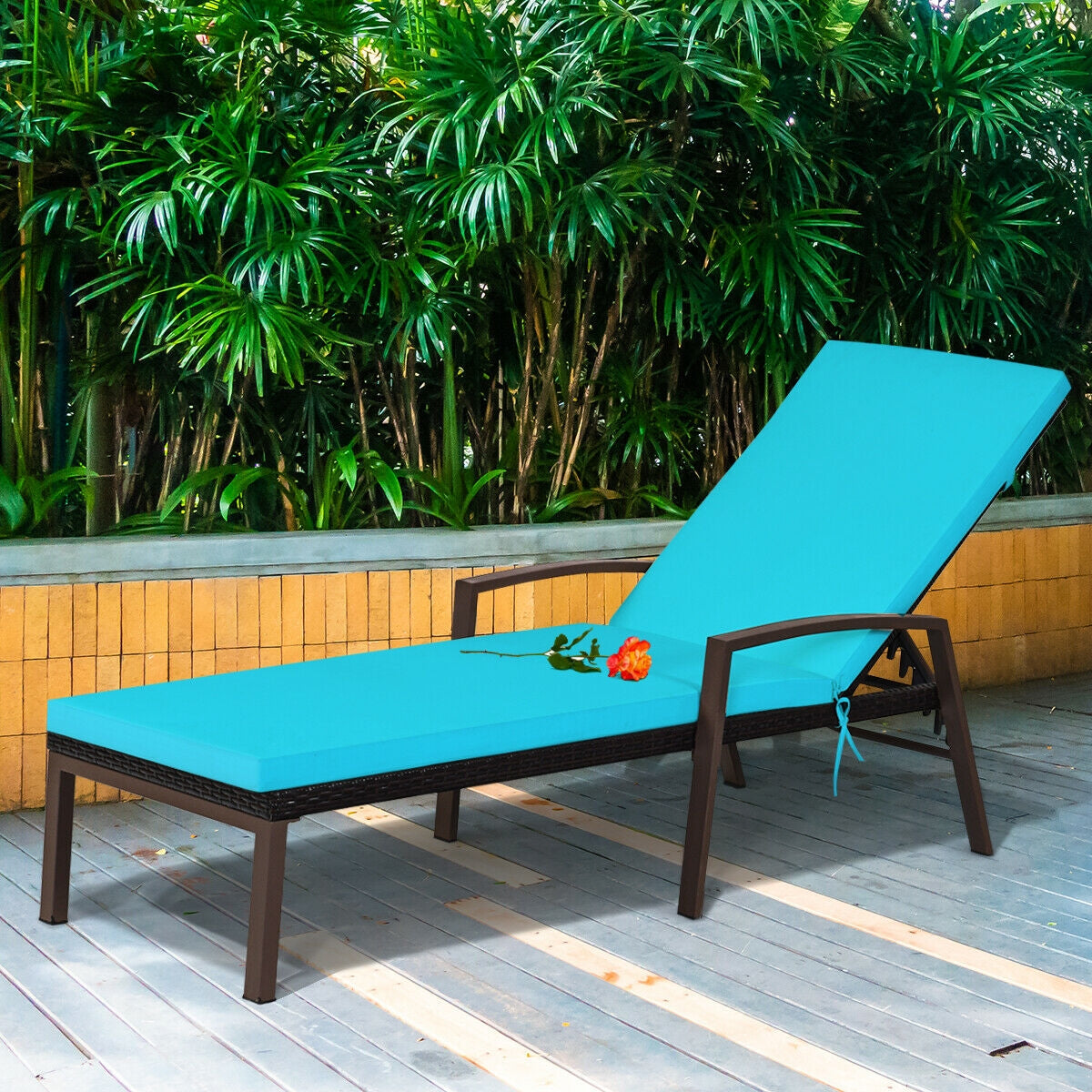 Patio Rattan Lounge Chaise Recliner with Back Adjustable Cushioned-Red