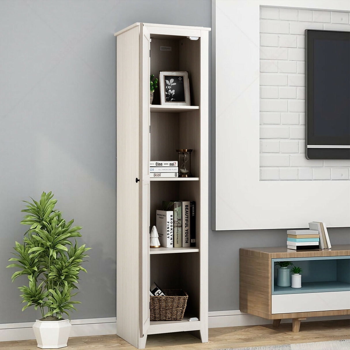 Linen Tower Bathroom Storage Cabinet Tall Slim Side Organizer with Shelf-Black